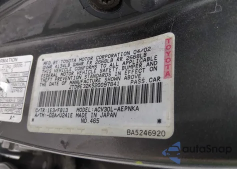 2002 Toyota Camry Le from USA, damaged, VIN JTDBE32K520097841